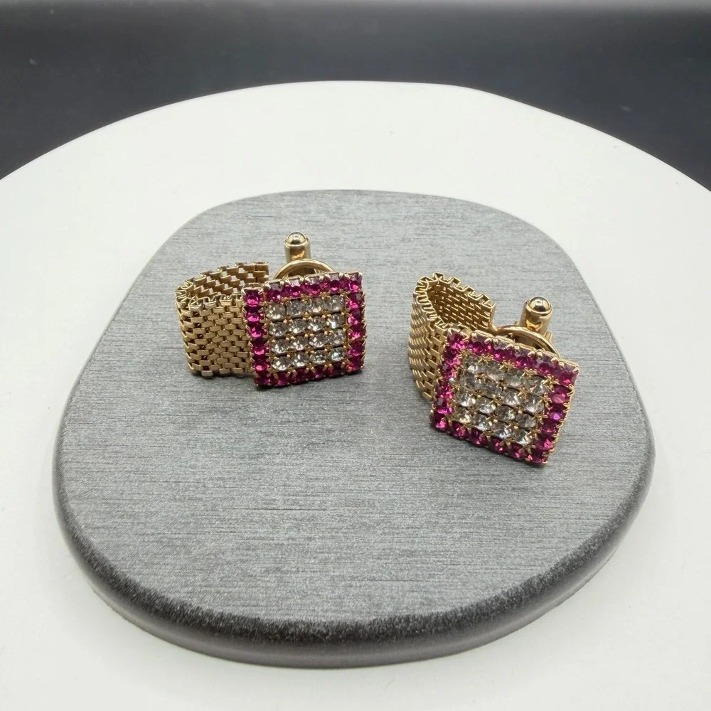 Gold Tone Pink Clear Rhinestone Square Wraparound Mesh Cufflinks Formal Jewelry